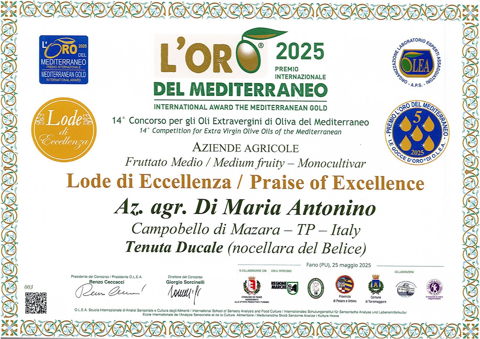Certificato L'Oro d'Italia